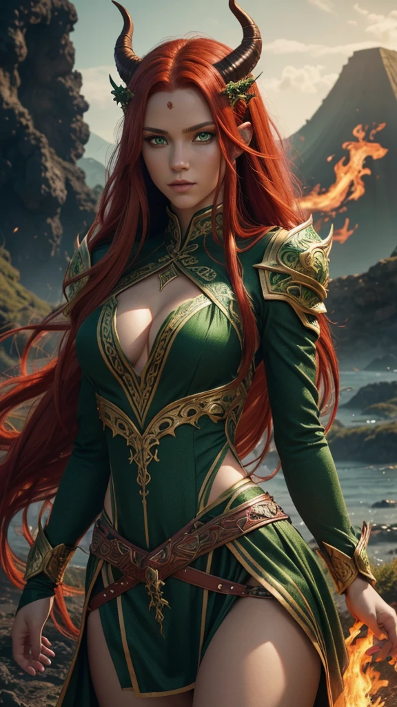 Best quality, cinematic image, detailed image, fantasy, detailed face, detailed beautiful green eyes, Slavic appearance, Beautiful woman, high, Red Dragon, mythical creature, very long lush red hair, Flaming hair, horns, athletic build, dancer outfit, volcanic terrain