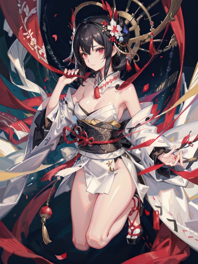 absurdres, RAW photo, extremely delicate and beautiful, masterpiece, Best Quality, ultra high resolution, 32k, hyperrealistic, ultra-detailed, perfect figure, in her 20s, very small head, very small face, delicate facial features, tearful mole, earring, huge breasts, legs, whole body shot, full body shot, medium hair, black hair, red-black costume, Onmyoji, nobushi, Flowing white robe,