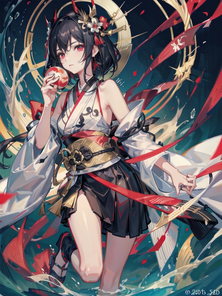 absurdres, RAW photo, extremely delicate and beautiful, masterpiece, Best Quality, ultra high resolution, 32k, hyperrealistic, ultra-detailed, perfect figure, in her 20s, very small head, very small face, delicate facial features, tearful mole, earring, huge breasts, legs, whole body shot, full body shot, medium hair, black hair, red-black costume, Onmyoji, nobushi, Flowing white robe,
