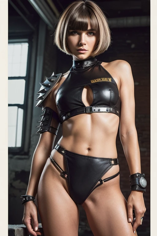 (((woman))), (((better quality))), (((crude work))), (((adult))), (((1 girl))), ((( Bob haircut ))), Uma gladiadora cyberpunk woman de 25 anos com corpo perfeito, shoulder pads with metal spikes, Brooklyn Gladiators, (( Bob haircut )), tiny leather panties, torn Rugby Time T-shirt, nearly naked in Simon Bisley's wild urban style for the cover of Heavy Metal magazine, short blond hair, minimum clothing, Metal left arm guard with intricate graphics., Dark red with white stars and a white and dark blue checkerboard pattern., armor, full of thorns and rivets, (((from the knee up))), short white blond hair, there's a wall in the background, painted with intricate designs by Shepard Fairey.