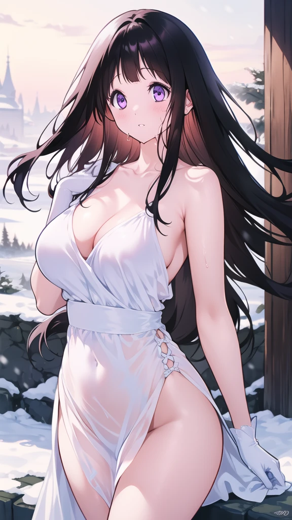 Amazing Chitanda, There is only one beautiful girl，Purple Eyes, Black Hair, Very red face，Very white skin，Glowing skin，Skin as delicate as porcelain，Naturally straight hair, Straight bangs，Extremely refined，Open lips，Long flowing hair，Beautiful Girl, Like a dream，Slim，Slim waist，Soft, (Sensual), (Kawaii), Dream quality，Beautiful big breasts，White transparent loose dress，Areola，Completely naked，Lower edge of breast，White gloves，Flower decoration，Deep V neckline，Loose neckline，Wide neckline，In school，The wind blows the hair，Place your hands on your inner thighs，Thighs clamp hands，Wet skin，Sweaty and sweaty，Sweating all over，On the snow，Back to，Hips，Side body，Gluteal groove，Completely naked的臀部，Bare back，Completely naked的背部，Light transmission，（no pants），nopan，pussy juice，Bare shoulders，There are no shoulder straps，Bare neck，Exposed collarbone，Exposing breasts，Exposing breasts侧面，Exposing breasts下面，Show your waist，Show your buttocks，Show your thighs，Exposing the groin，（No pants），extremely shy，Ultra-high resolution, (masterpiece:1.2, best quality), (Delicate and beautiful eyes: 1.2), (Beautiful and delicate face)