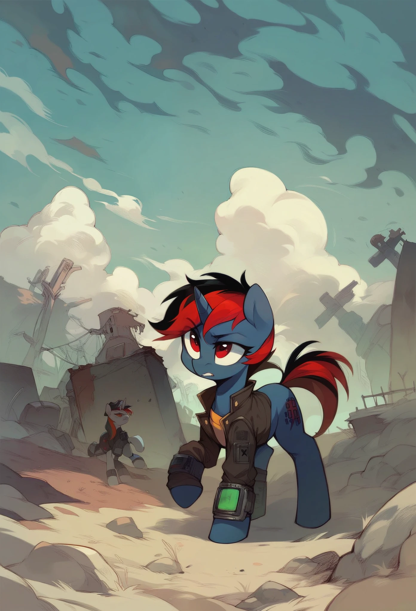 Fallout equestria project horizons, blackjack unicorn mare, pipbuck, hoofington, wasteland 