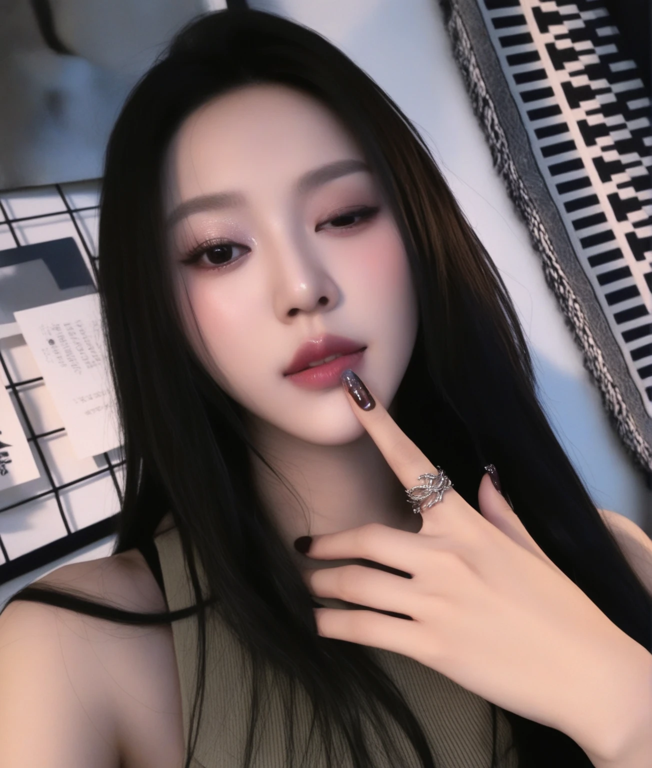 a close up of a woman with long hair and a ring on her finger, popular south korean makeup, cruel korean goth girl, popular korean makeup, ulzzang, korean girl, wan adorable korean face, beautiful south korean woman, korean face features, kanliu666, beautiful aesthetic face, gorgeous young korean woman, sexy face with full makeup, Karina aespa, Karina, aespa