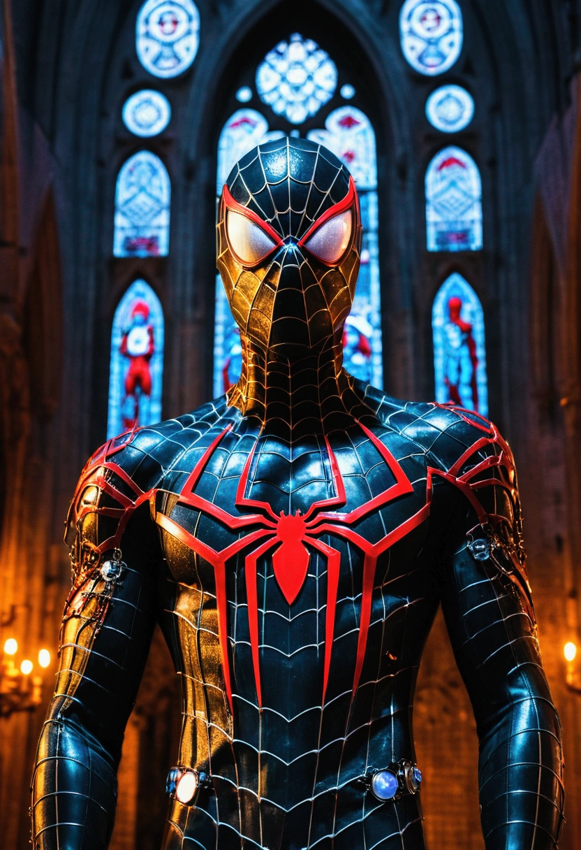 gloomy portrait of Bloody Spider-Man from Marvel with intricate angular cybernetic implants inside a brutalist building, gothic brutalist cathedral, cyberpunk, award-winning photo, bokeh, neon lights, cybernetic limb