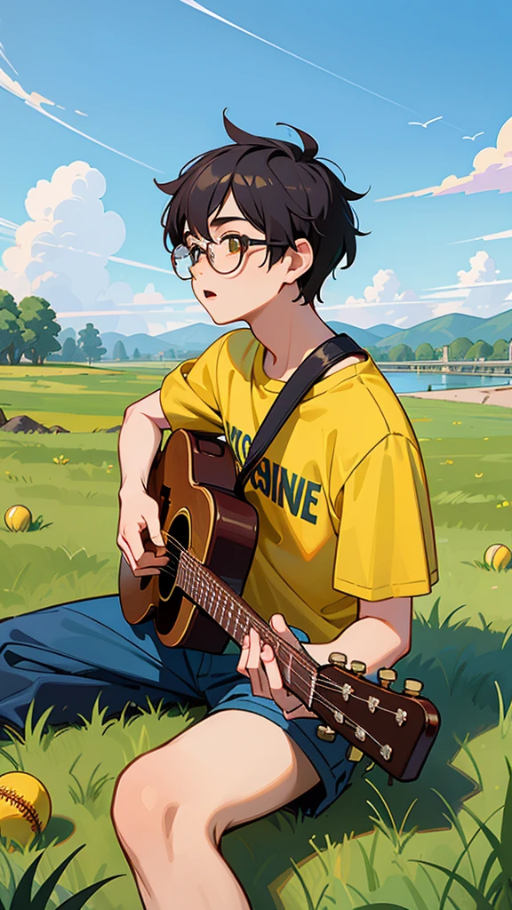 ((Highest quality)), ((masterpiece)), (detailed), A street musician boy with black hair and glasses sits on the grass on the river bank, looking up at the sky and singing while playing an acoustic guitar.、Cool revolution yellow baseball shirt、