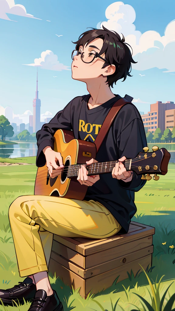 ((Highest quality)), ((masterpiece)), (detailed), A street musician boy with black hair and glasses sits on the grass on the river bank, looking up at the sky and singing while playing an acoustic guitar.、Cool revolution yellow baseball shirt、