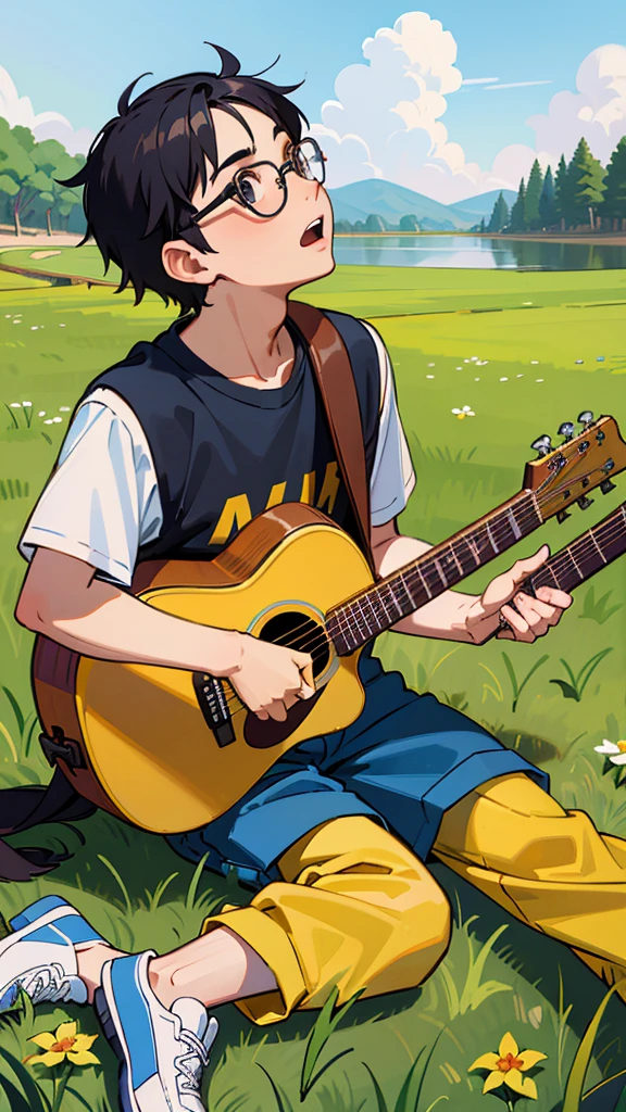 ((Highest quality)), ((masterpiece)), (detailed), A street musician boy with black hair and glasses sits on the grass on the river bank, looking up at the sky and singing while playing an acoustic guitar.、Cool revolution yellow baseball shirt、