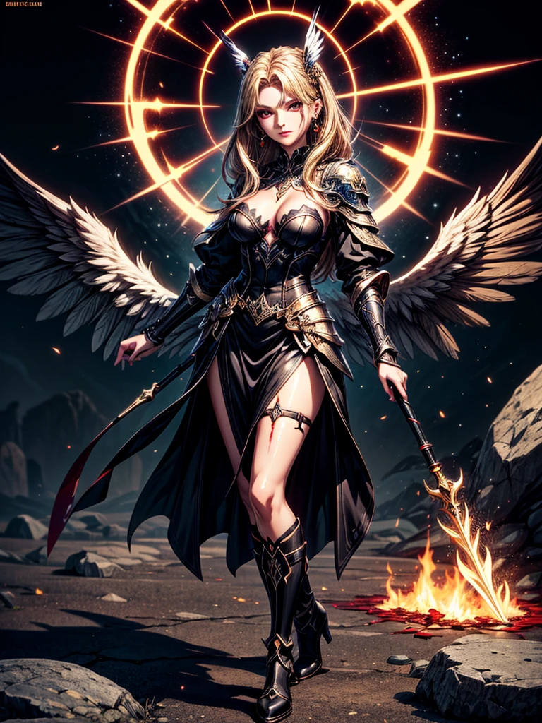 In the middle of the burning battlefield filled with broken swords and dead sodiers stand beatiful female fallen angel with black wings , she have beautiful face her eyes is golden yellow she have dark red lipstick and black eyeshadows she have piersing ring on her lip and cross shaped earrings on her ears her hair golden blond with black highlights with a blood red halo above her head, she dressed in sexy black leather armor with long skirt and black highheels boots with betal parts she have mystic symbols tattoo on her shouders, in her hand she holding long spear, (ultra high quality fantasy art, ghothic dark fantasy style, masterpiece, ultra high quality character design, 8k quality anime art, realistic anime art, top quality wallpaper illustration, detailed ultra high quality accurate face, high quality design and accurate physic)