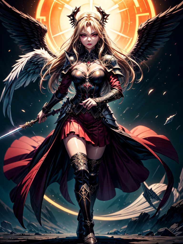 In the middle of the burning battlefield filled with broken swords and dead sodiers stand beatiful female fallen angel with black wings , she have beautiful face her eyes is golden yellow she have dark red lipstick and black eyeshadows she have piersing ring on her lip and cross shaped earrings on her ears her hair golden blond with black highlights with a blood red halo above her head, she dressed in sexy black leather armor with long skirt  and black highheels boots with betal parts  she have mystic symbols tattoo on her shouders, in her hand she holding long spear, (ultra high quality fantasy art, ghothic dark fantasy style, masterpiece, ultra high quality character design, 8k quality anime art, realistic anime art, top quality wallpaper illustration, detailed ultra high quality accurate face, high quality design and accurate physic)