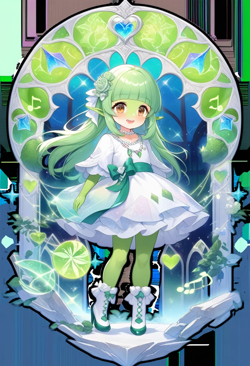 breathtalking Scenery, breathtalking Beauty, breathtalking Cute,scenery, (best quality, masterpiece:1.2), (ultra high quality:1.2),smooth soft skin, natural skin,
BREAK
(deep green skin:1.9), (goblin girl),(loli:1.9), kawaii, (baby face:1.1), (little female child:1.8),(loli toddler:1.8),(mini girl:1.7), (4 years old:1.1),small breasts,(evil smile:1.1),super smile,ultra cute face,shiny skin,open mouth,(deep green skin all over the body:1.7),
BREAK
(light green hair:1.2), (blunt bangs:1.3), (hime cut:1.4),(brown eyes:1.6), (long hair:1.3), long straight hair,(sharp teeth),highlight on eyes,
BREAK
elf ear,Tribal Jewelry,Scrunchie,wearing boots on feet, wearing lightgreen magical Girl Costumes,(magical effect:1.2), magic circle,colorful background,light particles,light sparkles,crystal light,powder light,dynamicpose,
BREAK
(hensin:1.3),(henshin:1.3), magical girl,,(transparent background:1.3),wearing shoes on feet, sidelocks, bow, gem necklace, deepgreen pleats overskirt,white dress,frills, sash, high_heels, collarbones, wedding dress, heart_print, 
BREAK
multi-layered flower shaped stained glass,rose shaped stained glass),(music note effect fused with stained glass,heart shaped Church windows,nature theme,Giant stained glass leaf,Multiple stained glass musical note,Atrium structure,ceiling,tiffany,dust particles,anime,stain glass inspired by leaf mark,nature background