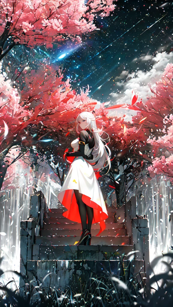 Ray Tracing Styles, A beautiful white woman in a long dress、Standing on a shining island surrounded by floating red flowers。. The black sky is reflected in the neon lights、A yellow light shines from behind her. In the center is a small tree that glows like a fire.. In the background、Another figure dressed in black stands in the distance.。Anime Style