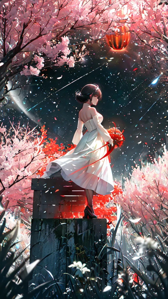 Ray Tracing Styles, A beautiful white woman in a long dress、Standing on a shining island surrounded by floating red flowers。. The black sky is reflected in the neon lights、A yellow light shines from behind her. In the center is a small tree that glows like a fire.. In the background、Another figure dressed in black stands in the distance.。Anime Style