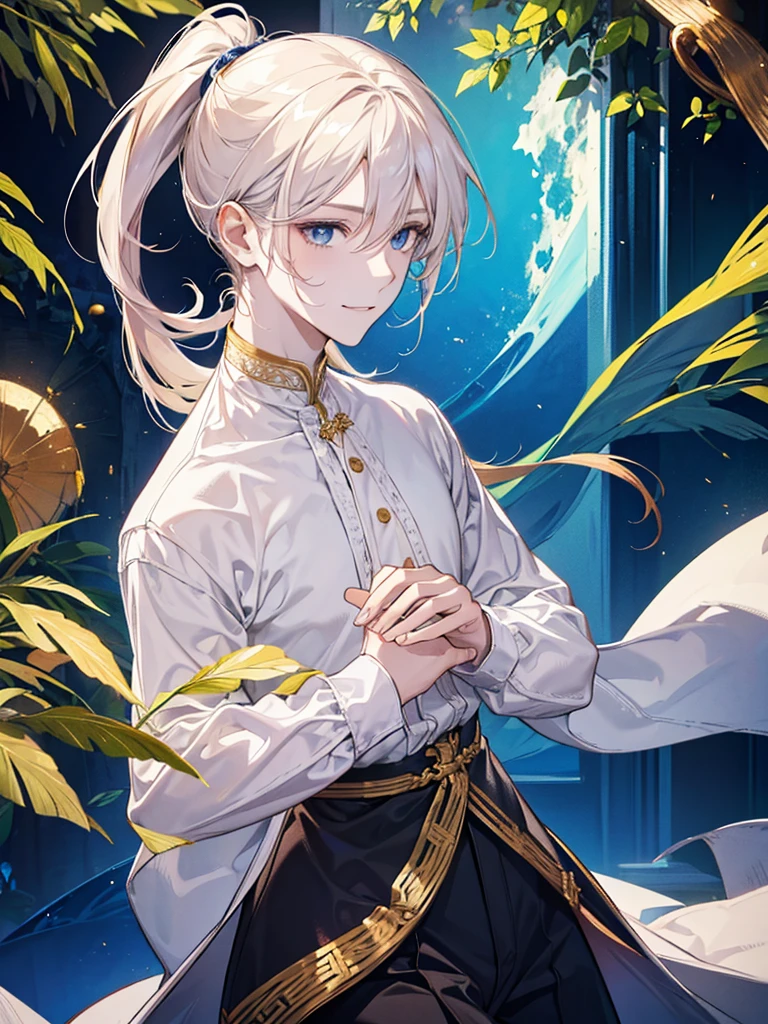 Young man he wear a white shirt , he has golden hair and low pony tail and blue eyes , he smiled.