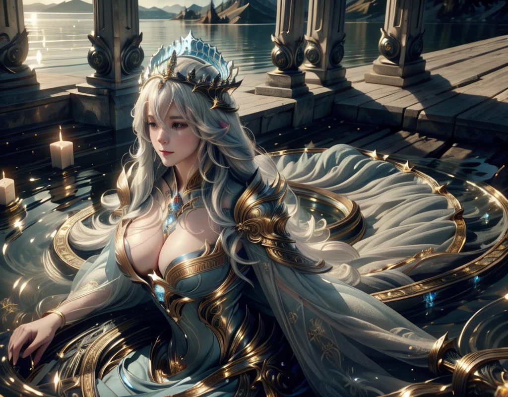Realistic 4K HD, in the middle of a lake a goddess with long white hair crowns wearing a blue costume with fine gold details, breasts protected round shapes her body surpasses a large stone in the middle of the lake.