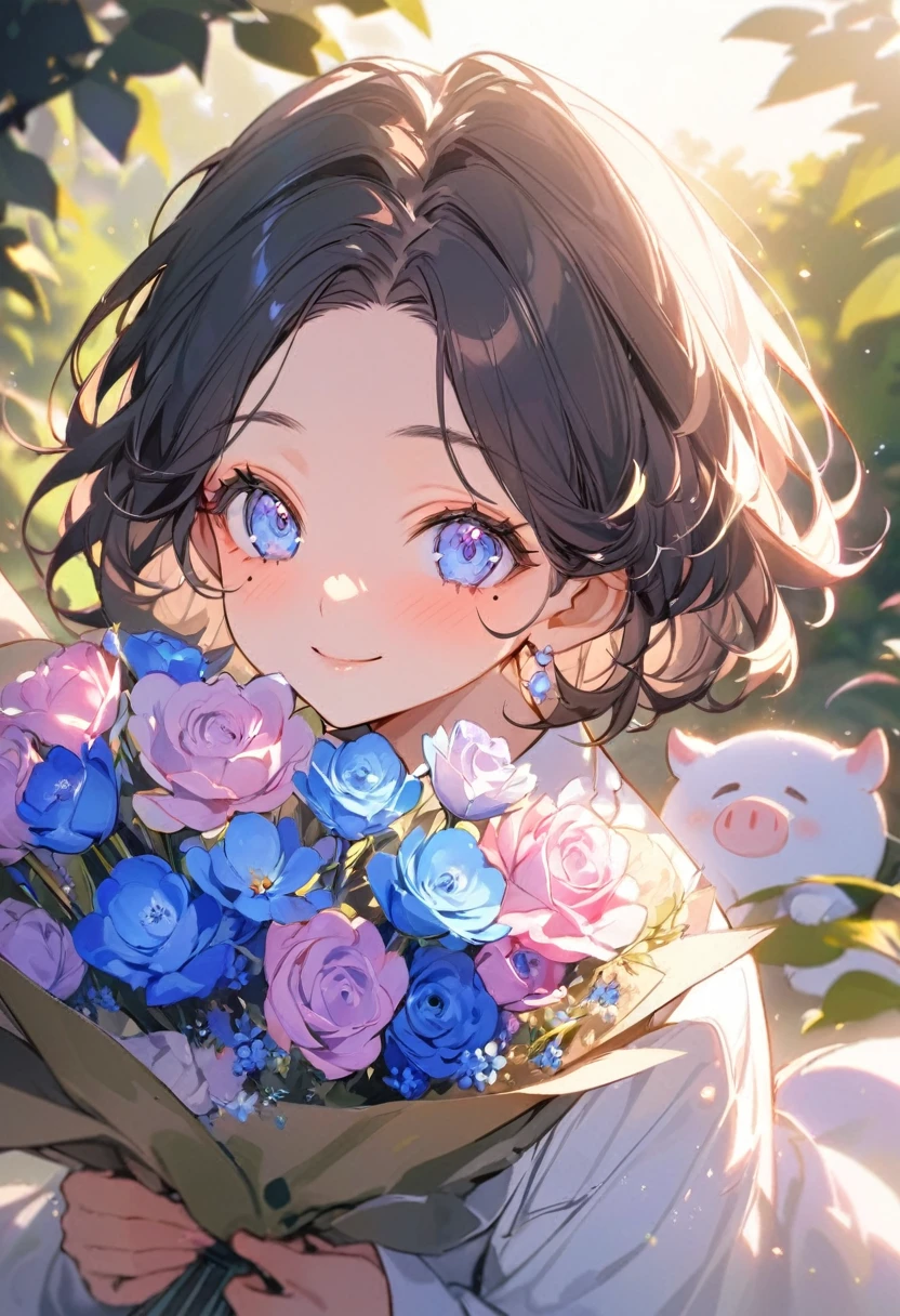 ( best quality:1.2), 1 Girl only, forehead,Solitary, Skin details, Beautiful facial features, fluffy dark hair,Exquisite makeup, Exquisite eyes, Eye details, he is 20 years old,(((big smiling))).((milky-oink and milky-blue theme)),kindness,soft focus,white soft lighting,having the big colorful bouquet ,((in  the garden)),a mole under the eye