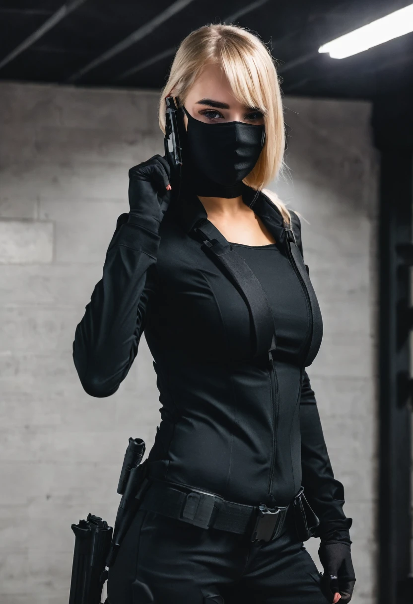 Blonde girl with black mask covering her entire face in black uniform and a gun in her hand