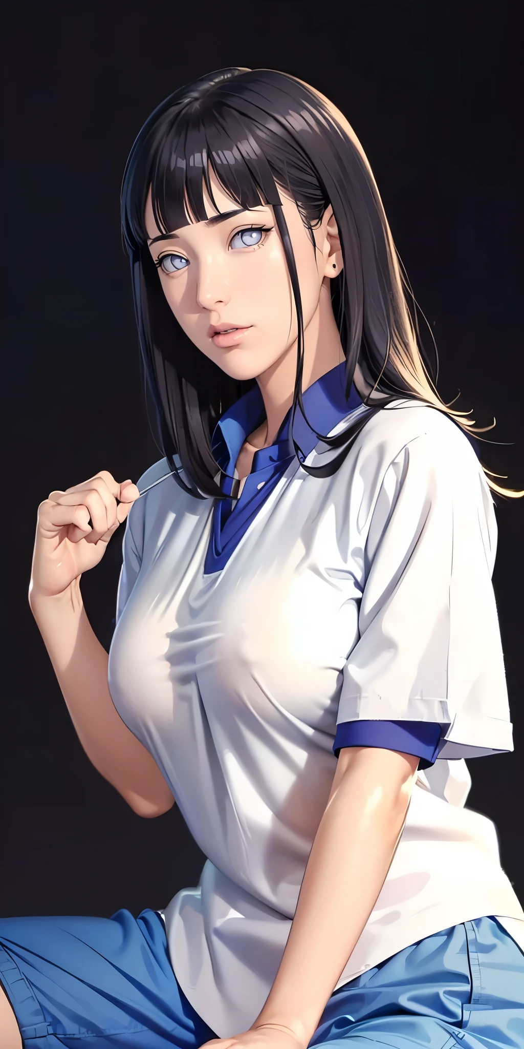 (((Perfect body,White and tender skin,(((ruanyi0533,blue pants,collared shirt,short sleeves,striped,sneakers,white shirt,))),(((hyuugahin,hyuugahin,hinata\(boruto\),hyuugahin, "black long hair", blue eyes,blunt bangs))),((masterpiece)),high resolution, ((Best quality at best)),masterpiece,quality,Best quality,((( Exquisite facial features,Looking at the audience,There is light in the eyes,blush,Happy,lol))),))),(((Light and shadow,Huge breasts))),(((Looking at the camera,black background,)))),