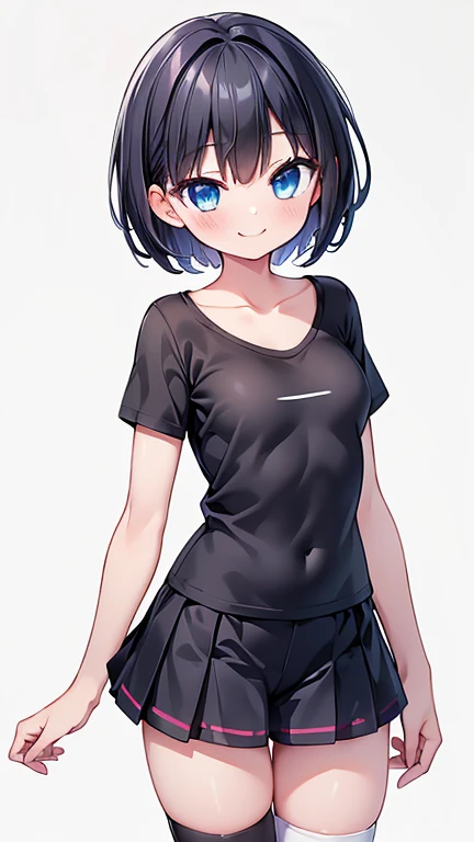 Highest quality,wonderful,finely,Highly detailed CG Unity 8k wallpaper, (1 Girl,Black Hair, blue eyes,short hair, Double Bang), (Small breasts:1.2), (Black T-shirt:1.1), (clavicle:1.1), Shorts、Smiling Kindly、smile、 ((Whistling:1.2)), (zettai ryouiki:1.2),(narrow:1.2), (Are standing:1.2)、(((Solid white background)))、Facing the camera