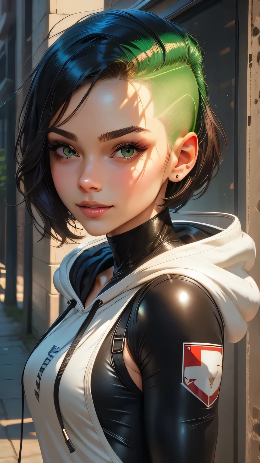 (masterpiece), ((best quality)), light_smile, cinematic lighting, ultra-realistic, ((realistic)), (gwen_stacy), black_hair, short_hair, green eyes, solo, sidecut, asymmetrical_hair, parted_lips, eyebrow_piercing, (detailed face), beautiful 1girl, 1girl, looking at viewer, (beautiful detailed eyes), bodysuit, , white hoodie, hood_down, portrait, upper_body, (side of head shaved), (small breasts)