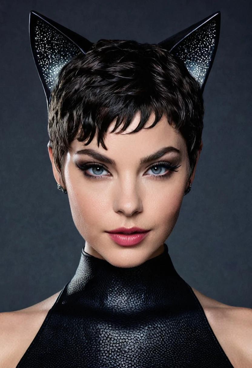 A portrait of Selina Kyle AKA Catwoman whose facial features are a combo of Camren Bicondova + Lilli Simmons + Michelle Pfeiffer + Zoe Kravitz + Anne Hathaway. Selina wears her Arkhamverse catsuit. Selina has short black hair. Selina has lovely makeup on her face. Symmetrical eyes. Symmetrical face. Great details. Photorealistic. Full-colored photo. Professional photo. Highly detailed 8K.