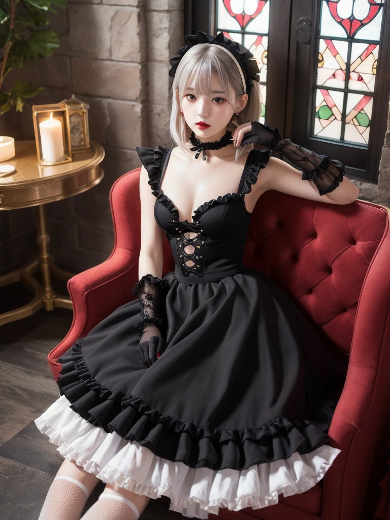 (8K, Photorealistic, Raw photo, Highest quality: 1.4),Japanese idol-style beautiful girl,model,1 person,18-year-old,(Short Bob),(Silver Hair :1.1),She has her hair tucked behind her ears,Headband,Clear grey eyes,Long eyelashes,(eye shadow(Black)),Eyeliner((Black)),(piercings(small)),(Pale, lifeless skin(Foundation)),(Lip gloss(Deep vermilion :1.1)),thin long neck,Large Breasts,(Lace gloves(Black)),(gothic lolita dress(Frills,Puffy long skirt :1.3)),(layer),(Fishnet tights),(lace up lolita shoes),Sitting in a chair,(Legs are V-shaped),(Background of a room with heavy Gothic-style stone stained glass),Full body portrait