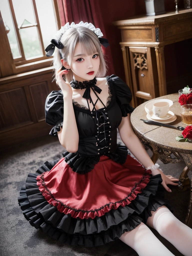 (8K, Photorealistic, Raw photo, Highest quality: 1.4),Japanese idol-style beautiful girl,model,1 person,18-year-old,(Short Bob),(Silver Hair :1.1),She has her hair tucked behind her ears,Headband,Clear grey eyes,Long eyelashes,(eye shadow(Black)),Eyeliner((Black)),(piercings(small)),(Pale, lifeless skin(Foundation)),(Lip gloss(Deep vermilion :1.1)),thin long neck,Large Breasts,(Lace gloves(Black)),(gothic lolita dress(Frills,Puffy long skirt :1.3)),(layer),(Fishnet tights),(lace up lolita shoes),Sitting in a chair,(Legs are V-shaped),(Background of a room with heavy Gothic-style stone stained glass),Full body portrait