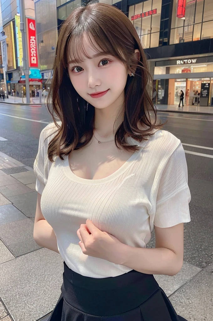 (8k, RAW photo, top quality, masterpiece: 1.2), (realistic, photorealistic: 1.37), three-dimensional, ultra detail, ultra high resolution, beautiful detailed face, one girl, beholder, constriction, slim waist, beautiful detailed skin, skin texture, floating hair, professional lighting, (Japanese beautiful and cute girl:1.2), long hair, curly hair, bob cut, beautiful hair, 20 years old, attractive breasts, (round breasts:1.2), (huge breasts:1.2), look at viewer, full body, in the city sidewalk, (smiles:1.1), bracelet, earing, necklace, (see-through shirt, skirt lift:1.2),