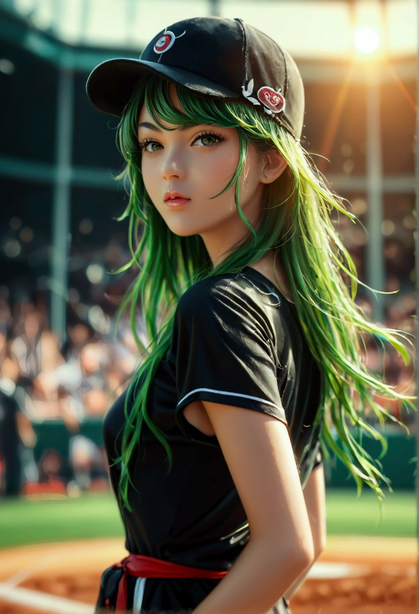 A beautiful Japanese woman (Tatsumaki,black dress, green hair) in a baseball cap pitching a ball, dynamic pitching pose, crowd cheering in the background, bokeh effect, anime style, highly detailed, intricate, vibrant colors, cinematic lighting, photorealistic, masterpiece
