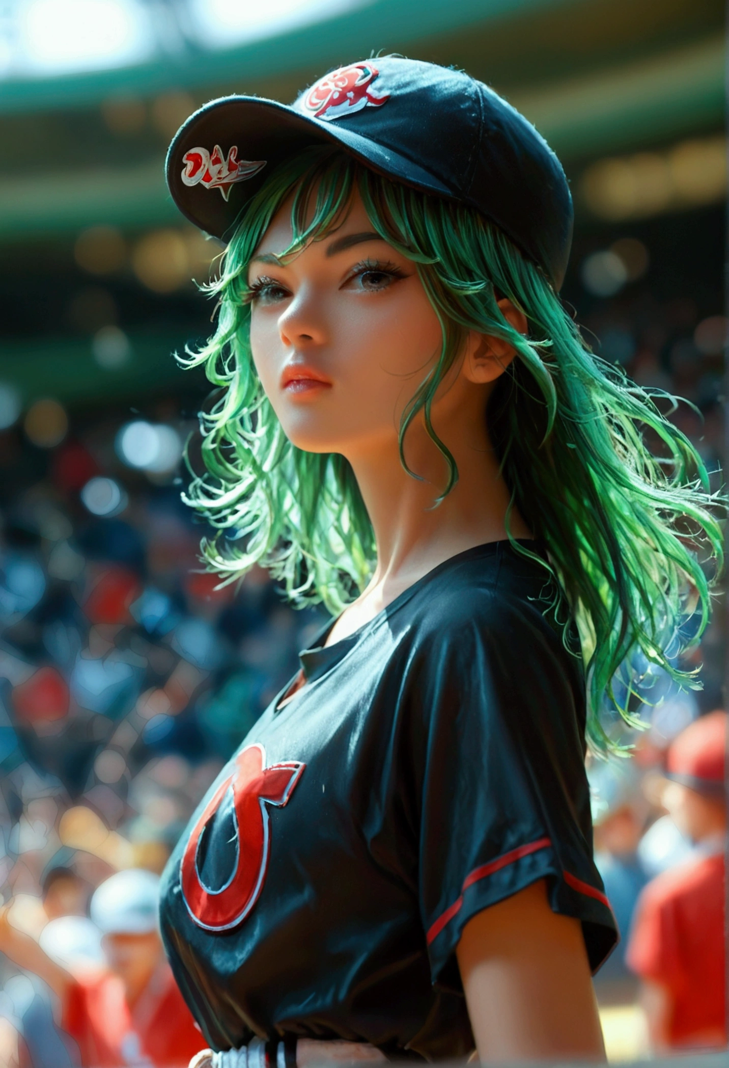 A beautiful Japanese woman (Tatsumaki,black dress, green hair) in a baseball cap pitching a ball, dynamic pitching pose, crowd cheering in the background, bokeh effect, anime style, highly detailed, intricate, vibrant colors, cinematic lighting, photorealistic, masterpiece
