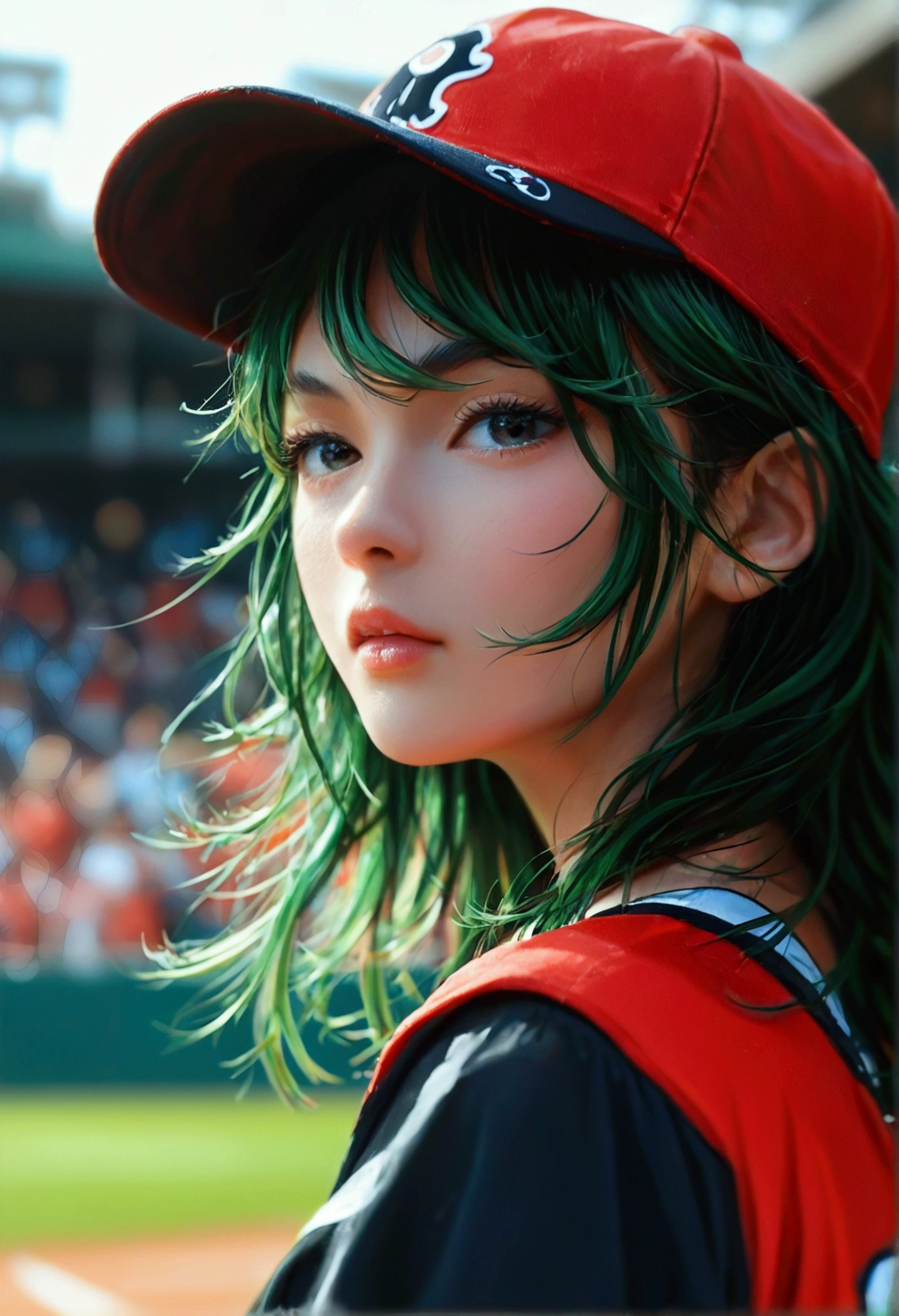 A beautiful Japanese woman (Tatsumaki,black dress, green hair) in a baseball cap pitching a ball, dynamic pitching pose, crowd cheering in the background, bokeh effect, anime style, highly detailed, intricate, vibrant colors, cinematic lighting, photorealistic, masterpiece
