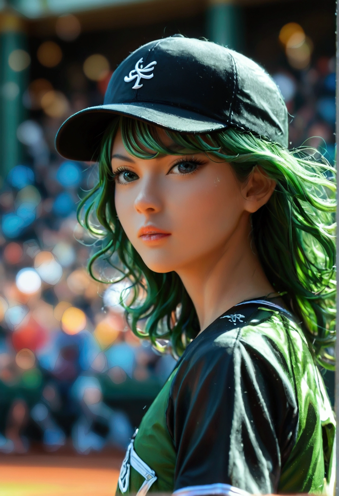 A beautiful Japanese woman (Tatsumaki,black dress, green hair) in a baseball cap pitching a ball, dynamic pitching pose, crowd cheering in the background, bokeh effect, anime style, highly detailed, intricate, vibrant colors, cinematic lighting, photorealistic, masterpiece
