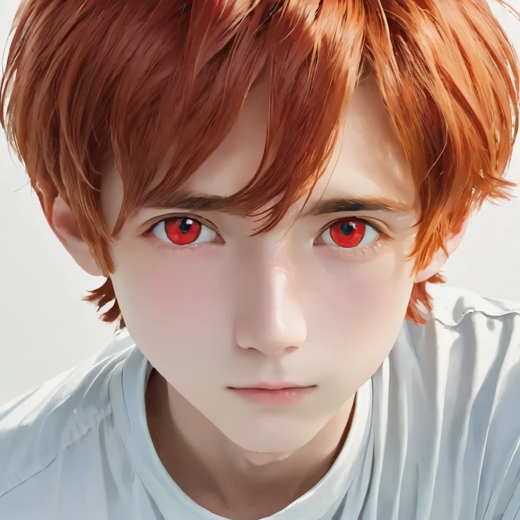 best quality, masterpiece, solo, 1boy,red hair, shirt, red eyes, white beckground, full faces