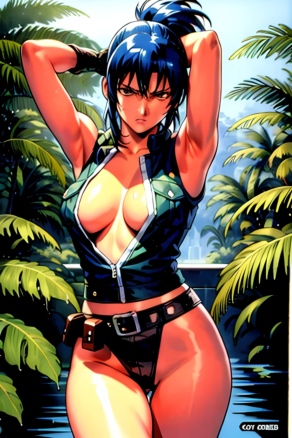 masterpiece, best quality, anime 1990s \(style\, leona heidern,  no bra, fully open vest, thong ,jungle, pony tail, wet, serious, gloves, , sleeveless, belt, touching hair.