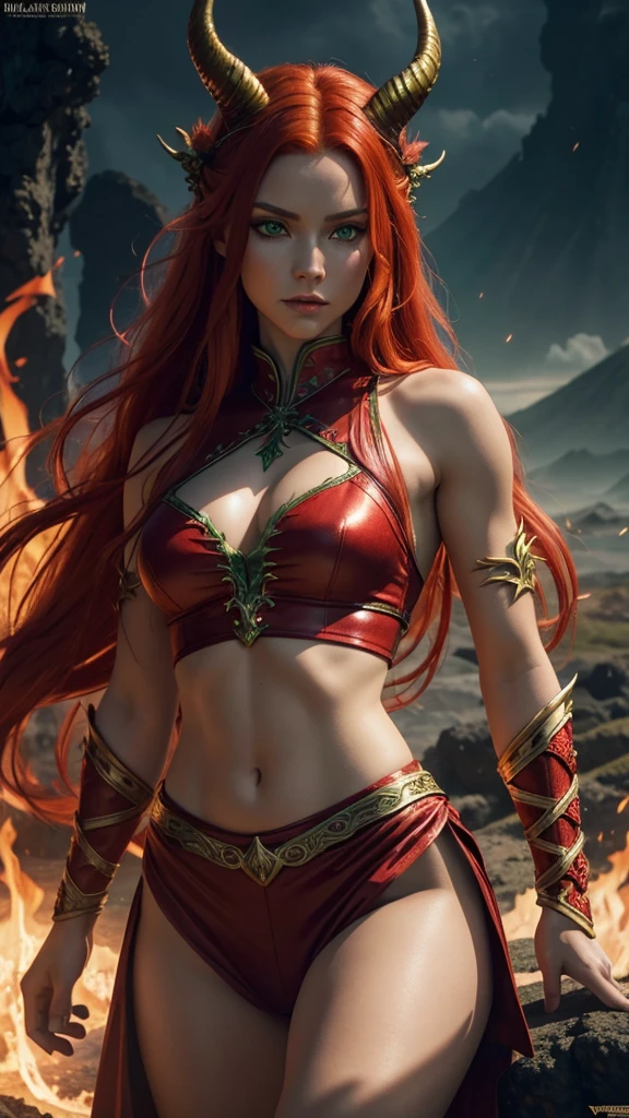 Best quality, cinematic image, detailed image, fantasy, detailed face, detailed beautiful green eyes, Slavic appearance, Beautiful woman, high, Red Dragon, mythical creature, very long lush red hair, Flaming hair, horns, athletic build, dancer outfit, милая улыбка, volcanic terrain