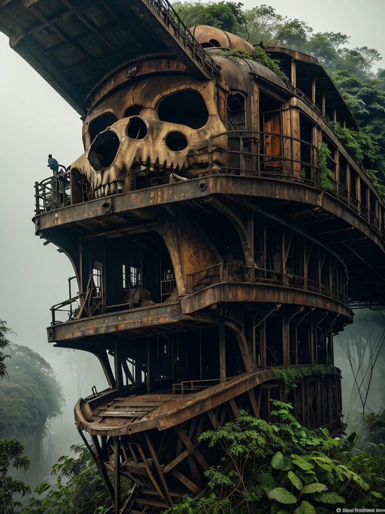 a rusty long train with a lion skull, in the amazon jungle, on the highest cliff, fog, details, hyperrealistic, 16k