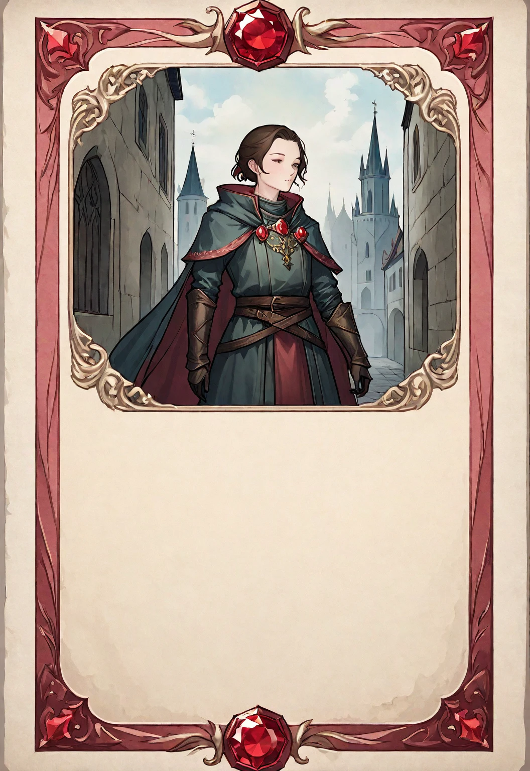 A card border UI,European medieval minimalist style,Suspense style,Profile Style。Leave a square blank space in the middle,No characters。There is a ruby under the card border.。Parchment backing。