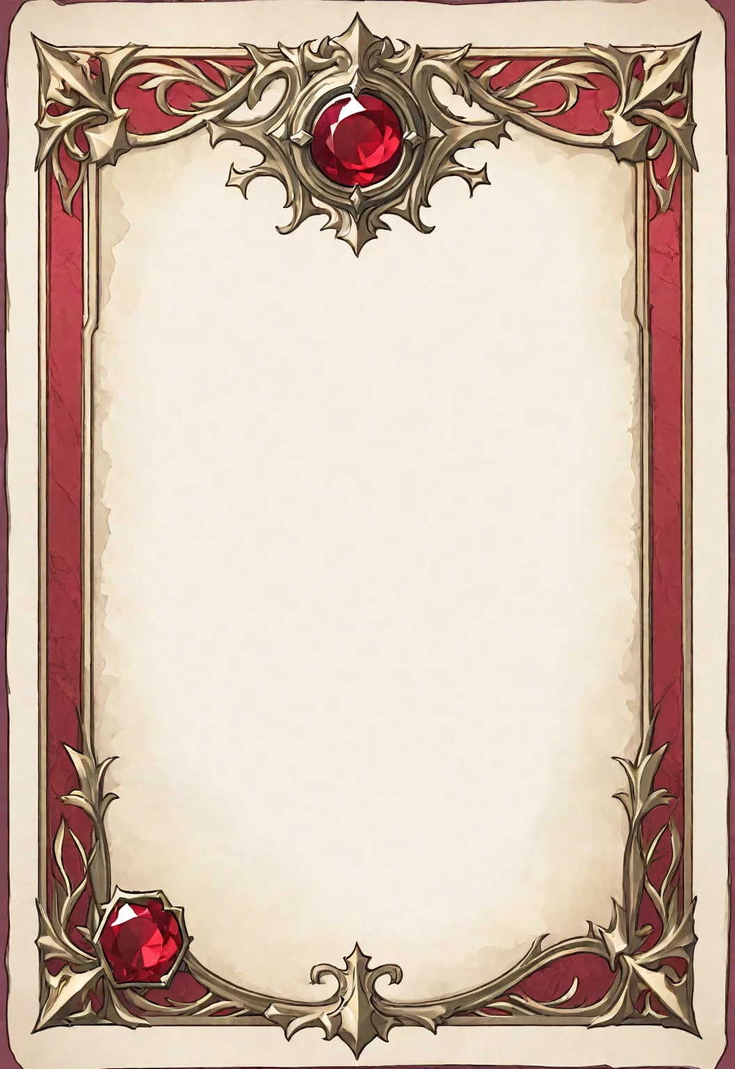 A card border UI,European medieval minimalist style,Suspense style,Profile Style。Leave a square blank space in the middle,No characters。There is a ruby under the card border.。Parchment backing。