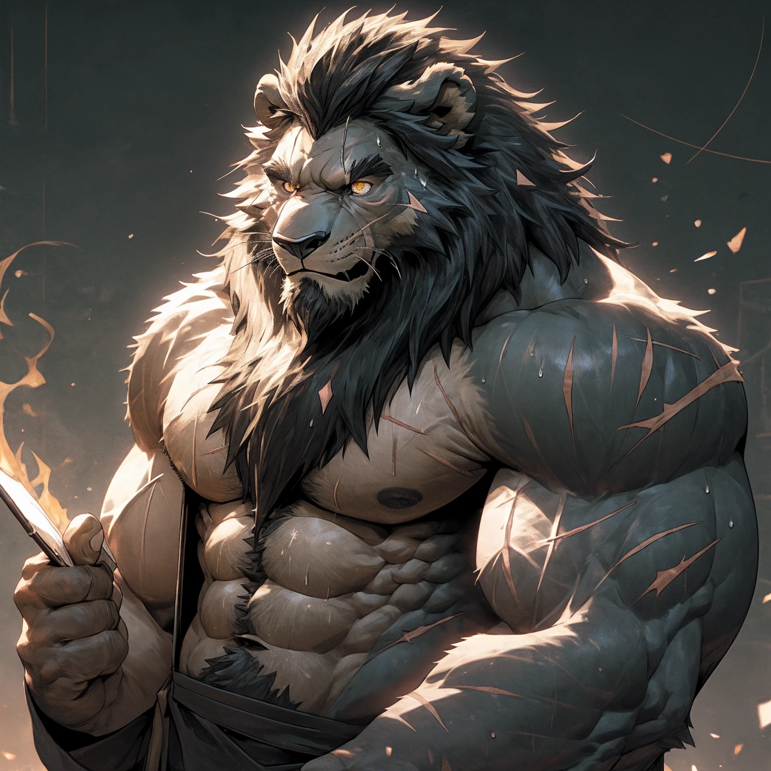 Sweating, muscular, Topless, The background is a spectacular magic school classroom, Harry Potter Teacher, magician, hairy, Anthropomorphic chest hair, Serious expression（scars in the face） Mature （Golden Eyes）Huge muscular ripped abs wild，Black lion, A bully with tribal ambitions