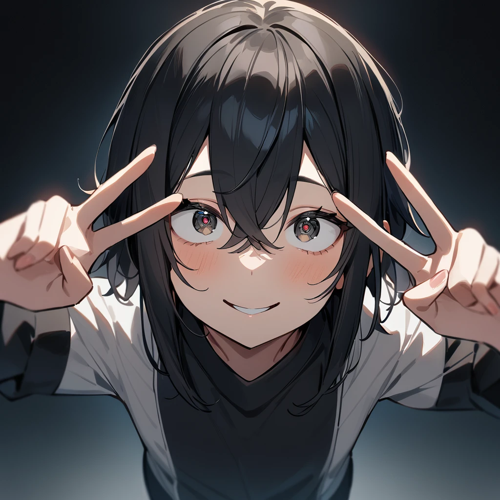 1 girl,black hair,Androgynous,medium hair,sidelocks,Covered,masterpiece,best quality,very aesthetic,absurdres,upper body,straight-on,large,Covered,Smile,double v,(upturned_eyes:1.5),From above