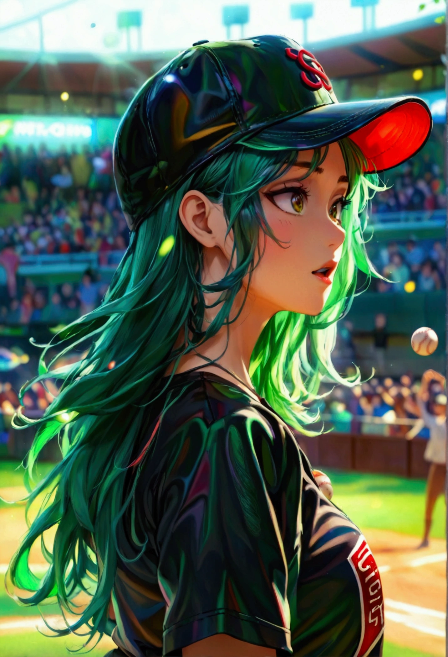 A beautiful Japanese woman (Tatsumaki,black dress, green hair) in a baseball cap pitching a ball, dynamic pitching pose, crowd cheering in the background, bokeh effect, anime style, highly detailed, intricate, vibrant colors, cinematic lighting, photorealistic, masterpiece