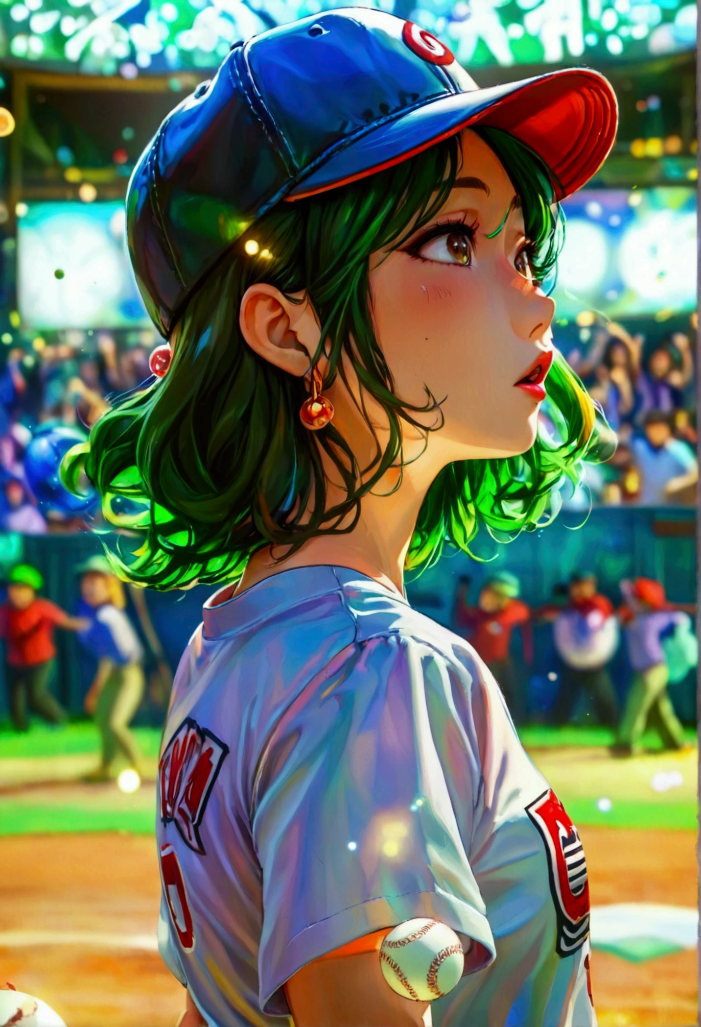 A beautiful Japanese woman (Tatsumaki,black dress, green hair) in a baseball cap pitching a ball, dynamic pitching pose, crowd cheering in the background, bokeh effect, anime style, highly detailed, intricate, vibrant colors, cinematic lighting, photorealistic, masterpiece
