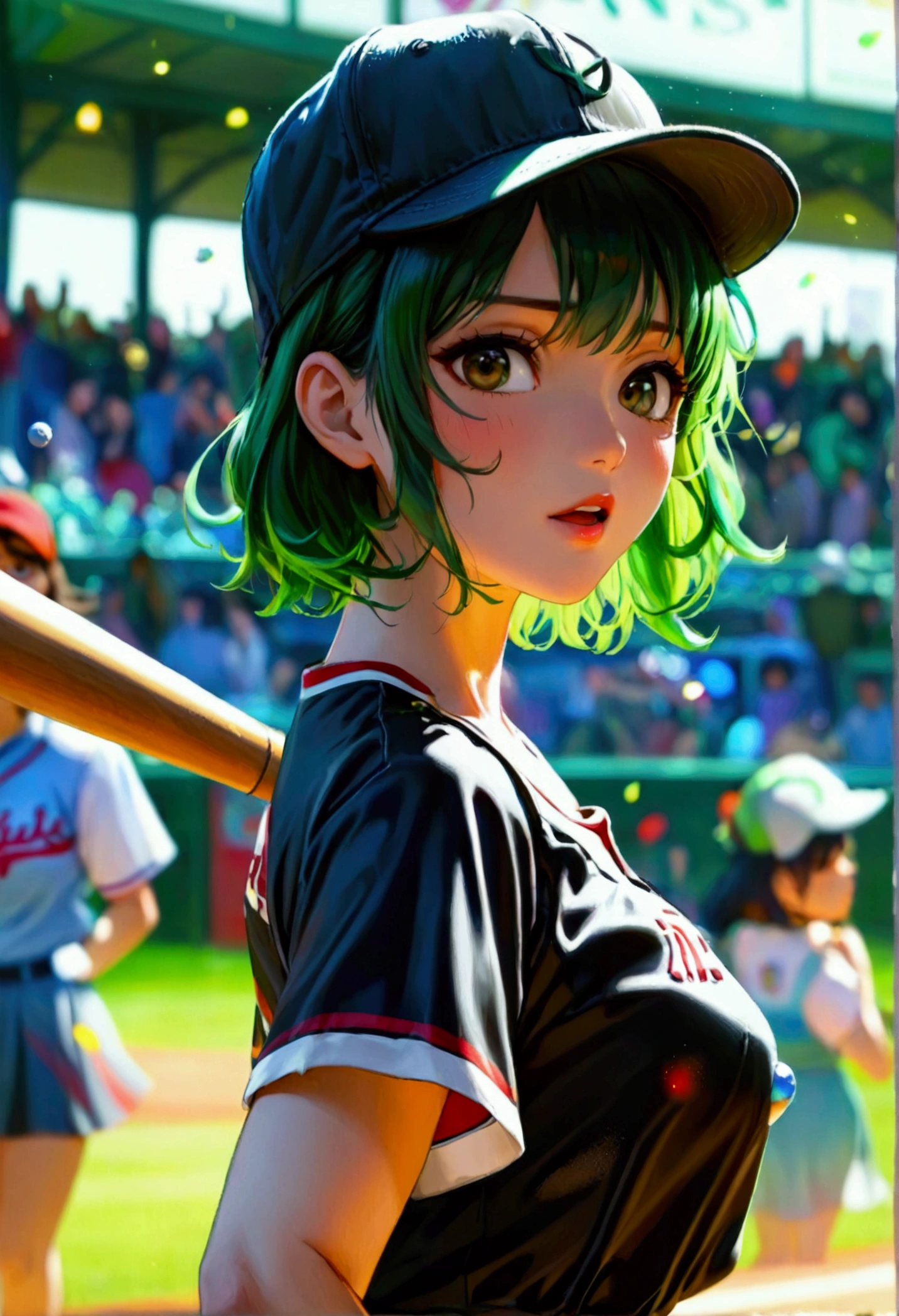 A beautiful Japanese woman (Tatsumaki,black dress, green hair) in a baseball cap pitching a ball, dynamic pitching pose, crowd cheering in the background, bokeh effect, anime style, highly detailed, intricate, vibrant colors, cinematic lighting, photorealistic, masterpiece