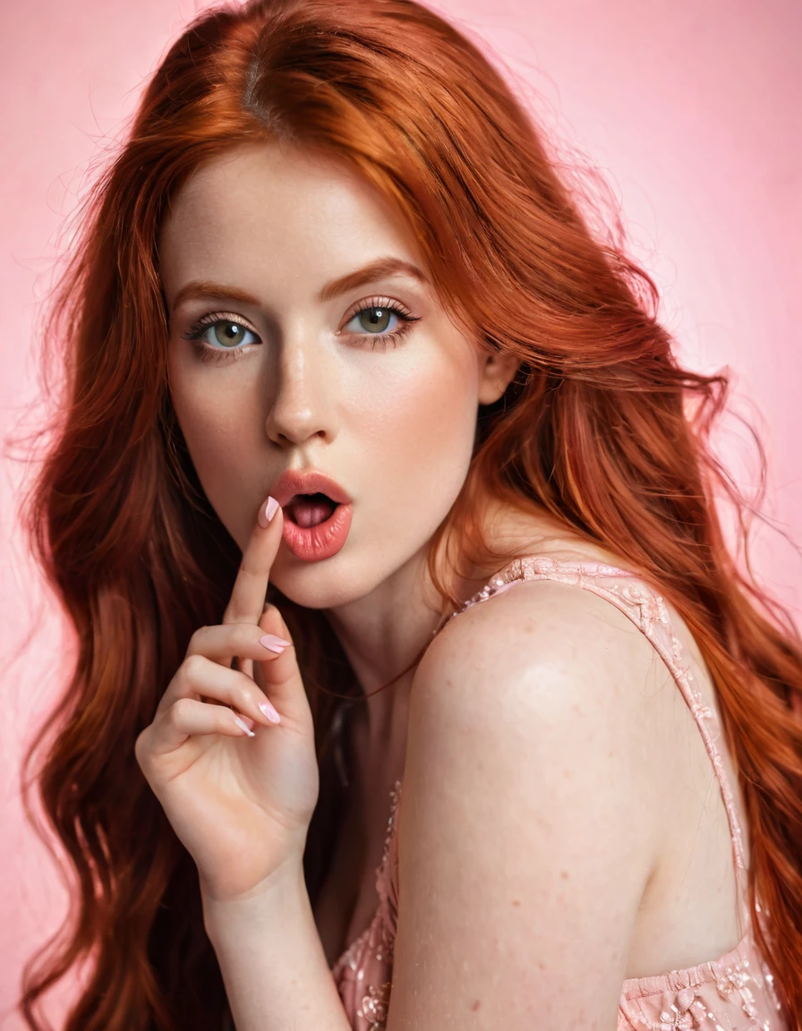 ultra realistic, photography, long red hair, girl, 24 years old, hourglass figure, perfect body, Flirty look, beautiful detailed woman, intricate and detailed face, long lush hair, soft lighting, photorealistic, high quality, cinematic, dramatic, warm color tones, facing the camera, Nikon z fx, lens 35 mm, blur background, beautiful attractive redhead young woman 20s years old in rose clothes look aside say hush be quiet with finger on lips shhh gesture isolated on pastel pink color background studio