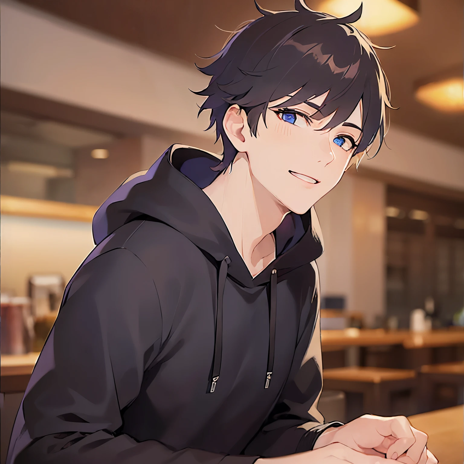 (25-year-old male:1.5) and (Black short hair) and (blue eyes),lookin at viewer,upper body
shiny skin, masterpiece、Highest quality、
black hoodie,
smile,The background is the interior of a restaurant at night.,I have a beer