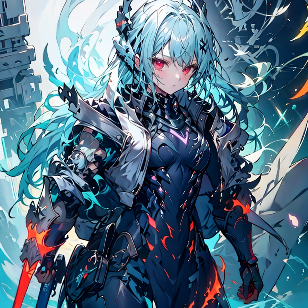 (Tabletop), (Perfect athletic body:1.2), Anime Style, whole body, Cyberpunk Girl, Sea green twin hairstyle with red eyes, Wearing a Cyber Costume, Black and Purple Flaming Fist, Burnt mechanical limbs, Standing in the Wilderness, Flame burning in the chest, White Background, whole body,composition