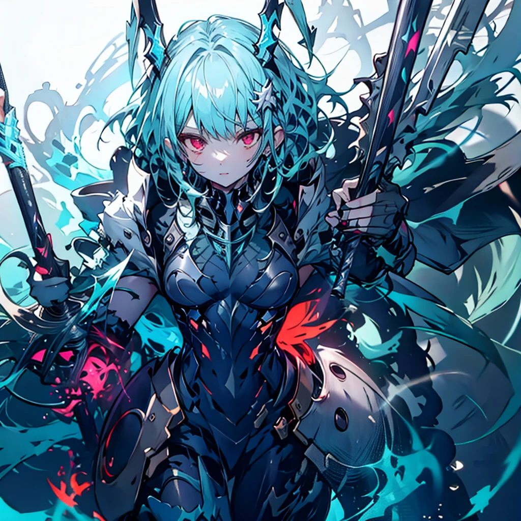 (Tabletop), (Perfect athletic body:1.2), Anime Style, whole body, Cyberpunk Girl, Sea green twin hairstyle with red eyes, Wearing a Cyber Costume, Black and Purple Flaming Fist, Burnt mechanical limbs, Standing in the Wilderness, Flame burning in the chest, White Background, whole body,composition