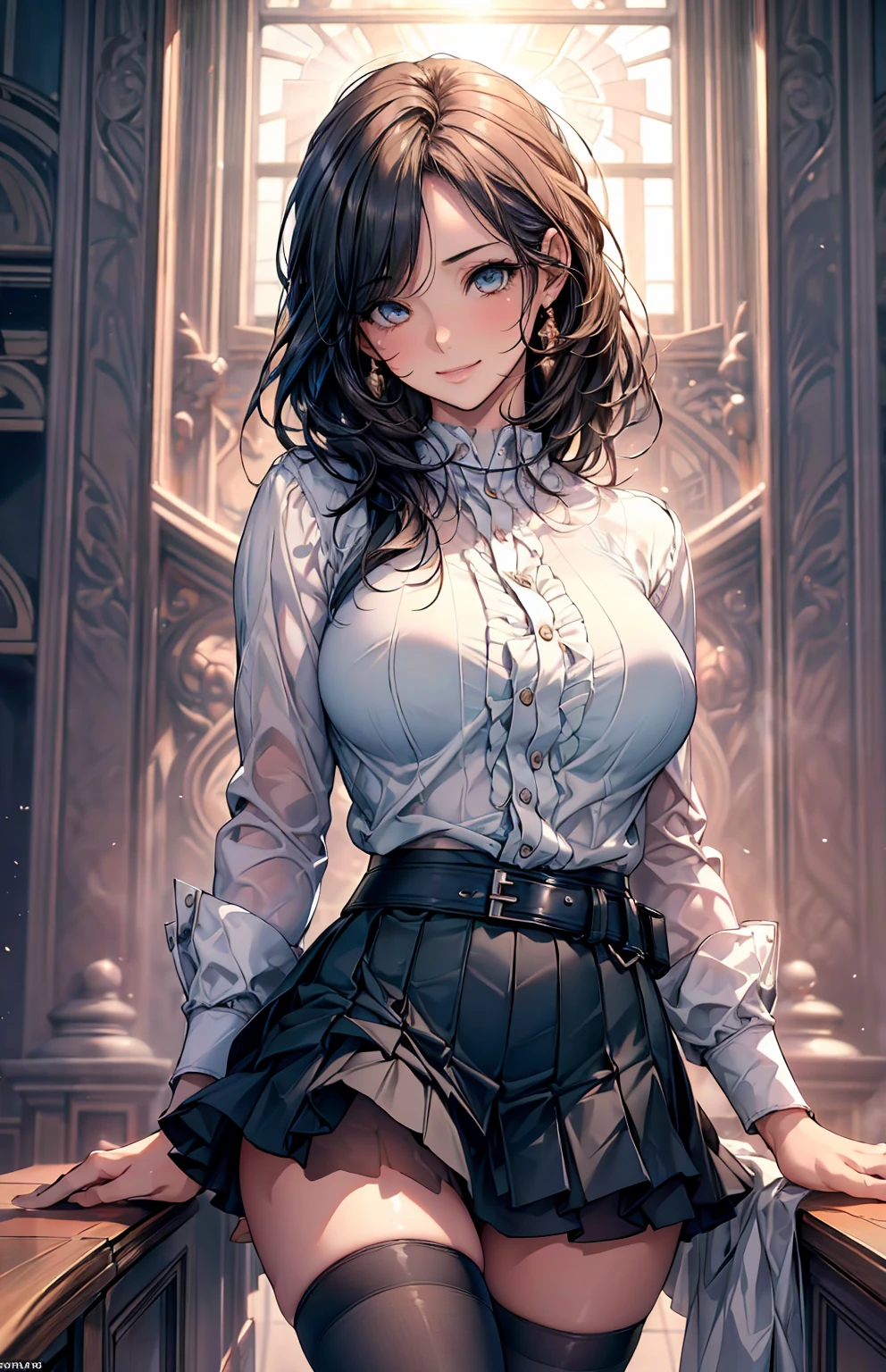 (masterpiece:1.2, Highest quality), (Realistic, photoRealistic:1.4), Beautiful illustrations, (Natural Side Lighting, Cinema Lighting), Looking at the audience, Upper Body, (Front view), 1 Girl, Perfect Face, Symmetrical cute face, Shiny skin, Baby Face, Long eyelashes, (Large Breasts), (Wide Hips),Beautiful Hair, Beautiful Face, Beautiful and beautiful eyes, Beautiful body, Beautiful breasts, Beautiful thighs, Beautiful legs, Beautiful fingers,(Beautiful views),(Cute Smile:1.2, Superior),Knee socks,Layered skirt,(Belted:1.2),