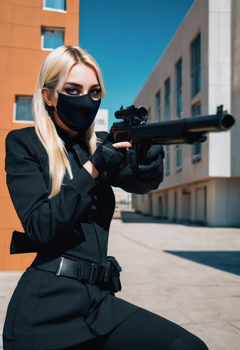 Blonde girl with black mask covering her entire face in black uniform and a gun in her hand, blue background with a big building