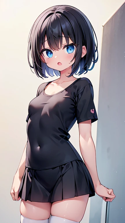 Highest quality,wonderful,finely,Highly detailed CG Unity 8k wallpaper, (1 Girl,Black Hair, blue eyes,short hair, Double Bang), (Small breasts:1.2), (Black T-shirt:1.1), (clavicle:1.1), Shorts、Surprised expression、 ((Open your mouth in a round shape:1.2)), (zettai ryouiki:1.2),(narrow:1.2), (Are standing:1.2)、(((Solid white background)))、Facing the camera