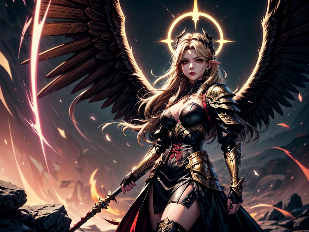 In the middle of the burning battlefield filled with broken swords and dead sodiers stand beatiful female fallen angel with black wings , she have beautiful face her eyes is golden yellow she have dark red lipstick and black eyeshadows she have piersing ring on her lip and cross shaped earrings on her ears her hair golden blond with black highlights with a blood red halo above her head, she dressed in sexy black leather armor with long skirt  and black highheels boots with betal parts  she have mystic symbols tattoo on her shouders, in her hand she holding long spear, (ultra high quality fantasy art, ghothic dark fantasy style, masterpiece, ultra high quality character design, 8k quality anime art, realistic anime art, top quality wallpaper illustration, detailed ultra high quality accurate face, high quality design and accurate physic)